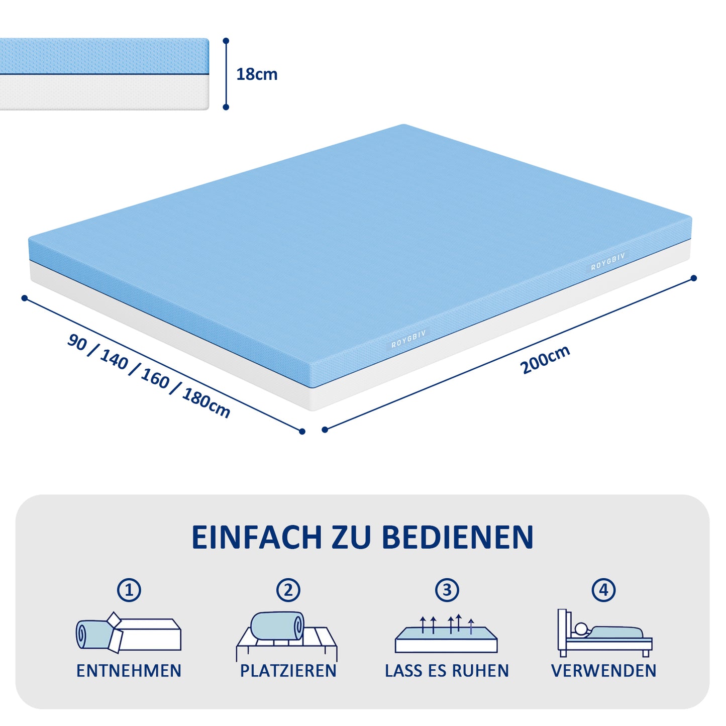 Komfortschaummatratze 18 cm, wendbar Memory-Schaum, kühlender Bezug | Härte H3/H4 7-Zonen Unterstützung