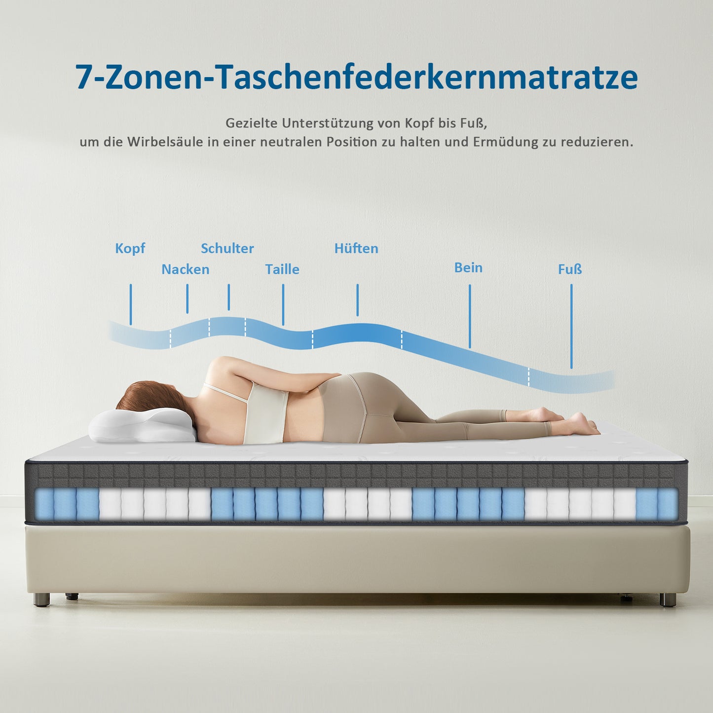 Taschenfederkernmatratze 25cm H3 - 7-Zonen mit Diatomenschaum & orthopädischem Support