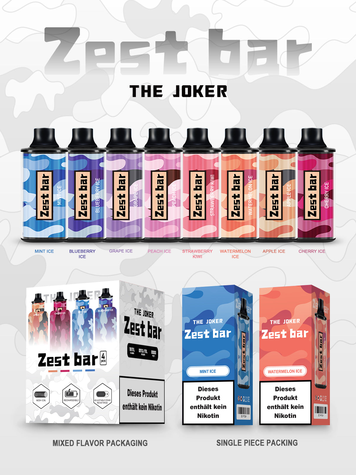 Zest Bar 0 Nikotin, 8000 Züge, elektronische Einwegzigarette, 4 Stück/Karton