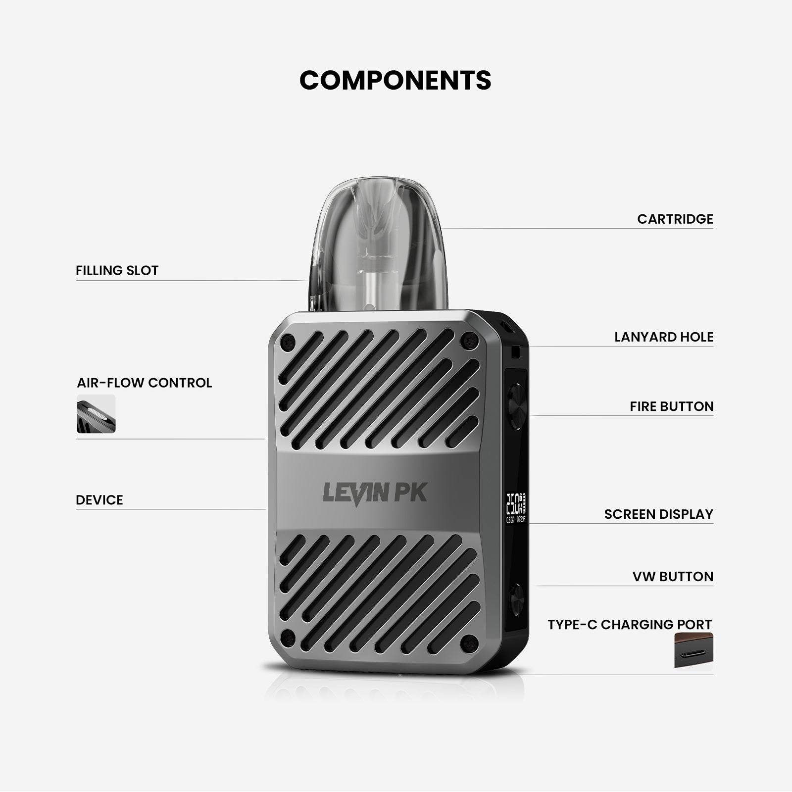 Vape Nachfüllbar, LEVIN PK Pod System E Zigarette 3ml 1000mAh, Aufladbare Zest Bar Vape Farbe Grau, 0 Nikotin