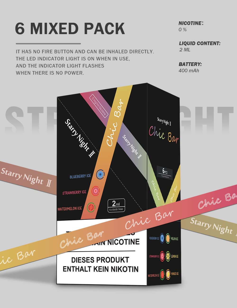 Chic Bar 0mg/ml, 600 puffs, Disposable electronic cigarette