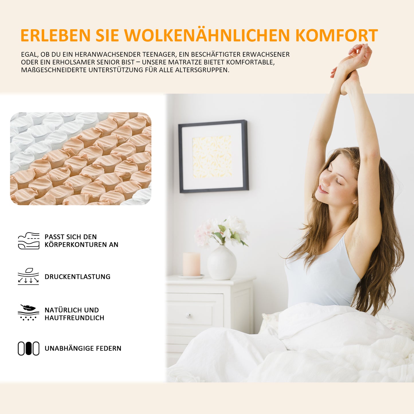 Taschenfederkernmatratze 22 cm – 7-Zonen Matratze mit Komfortschaum und stabiler Unterstützung